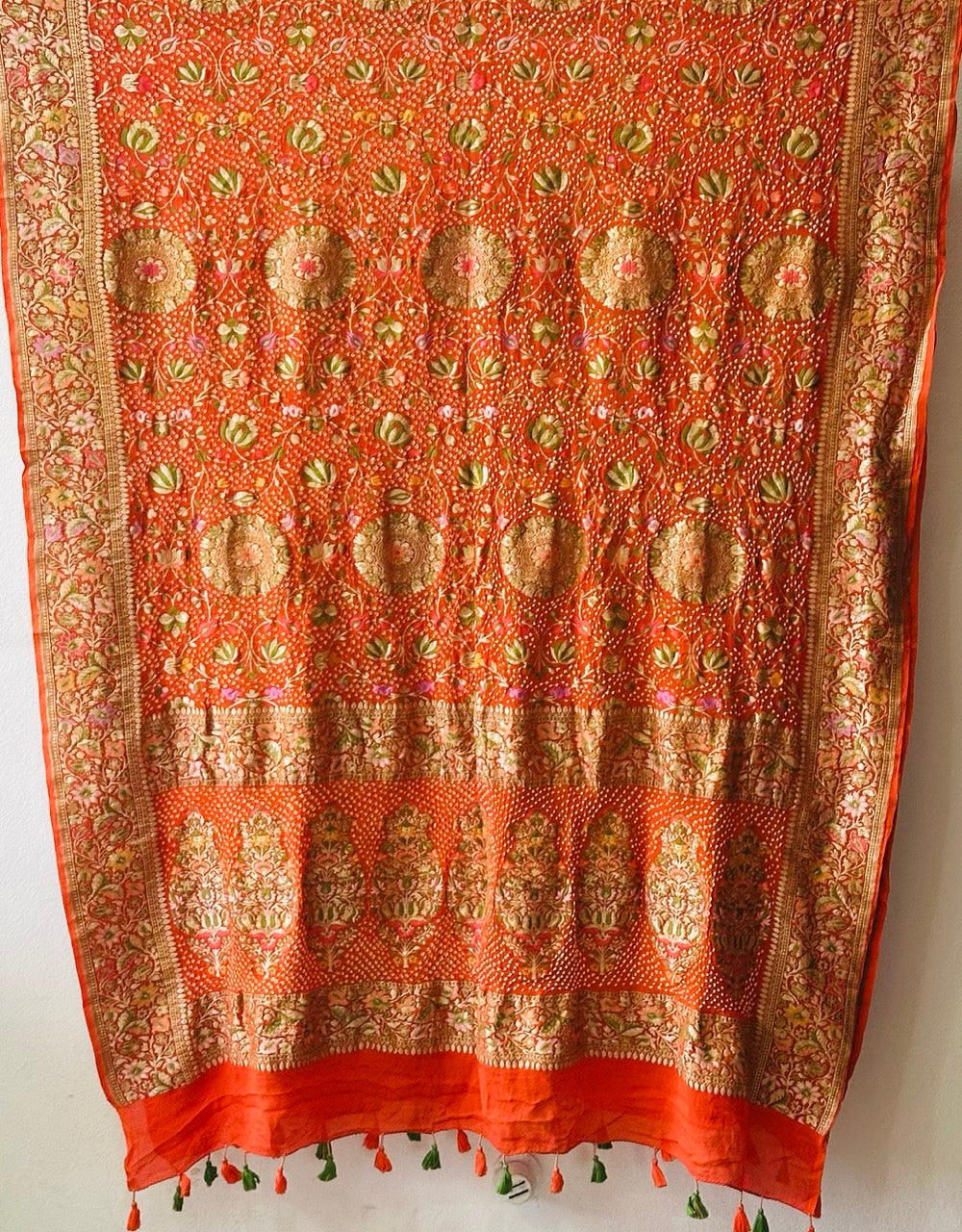 Rang Meenakshi - Orange Pure Banarasi Georgette Meenakari Bandhani Dupatta