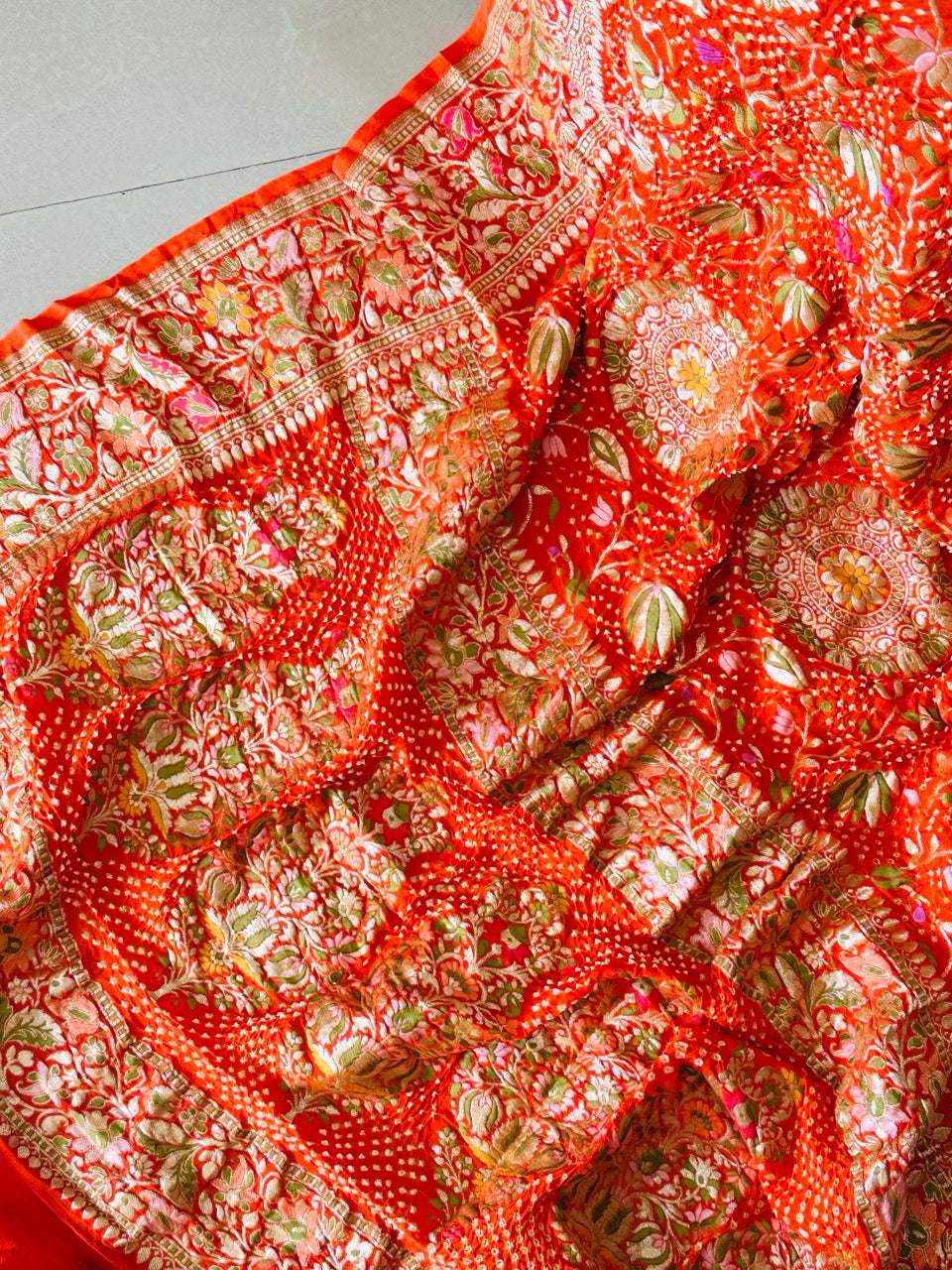 Rang Meenakshi - Orange Pure Banarasi Georgette Meenakari Bandhani Dupatta