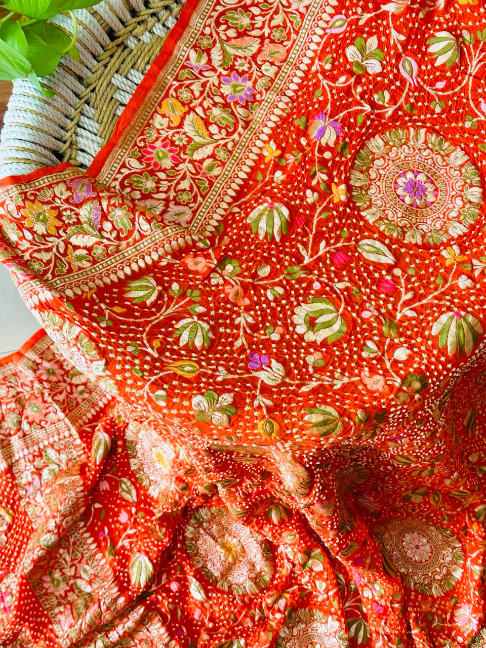 Rang Meenakshi - Orange Pure Banarasi Georgette Meenakari Bandhani Dupatta