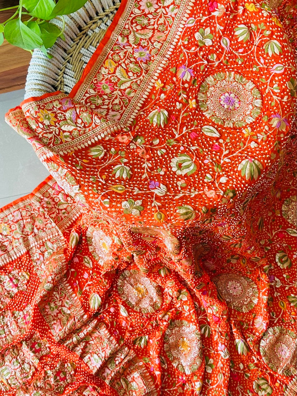 Rang Meenakshi - Orange Pure Banarasi Georgette Meenakari Bandhani Dupatta