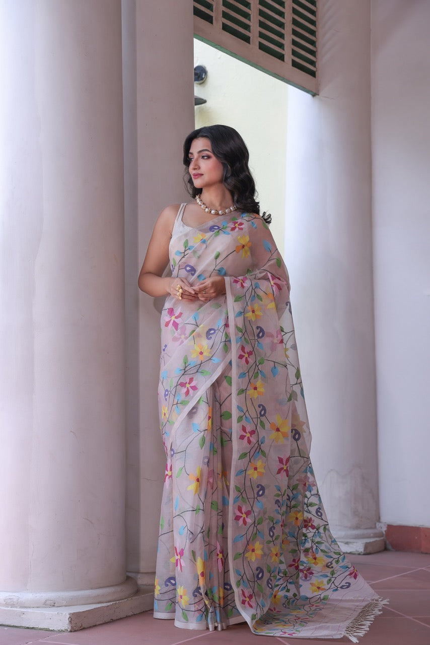 Rangbahar Vanya - Handloom Muslin Silk Saree with Jamdani weaving