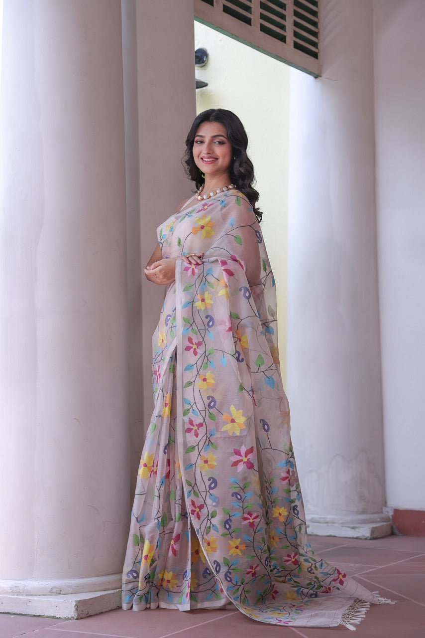 Rangbahar Vanya - Handloom Muslin Silk Saree with Jamdani weaving