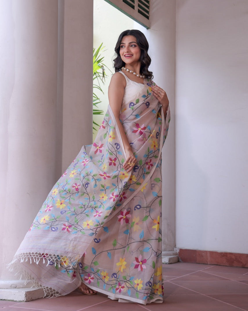 Rangbahar Vanya - Handloom Muslin Silk Saree with Jamdani weaving