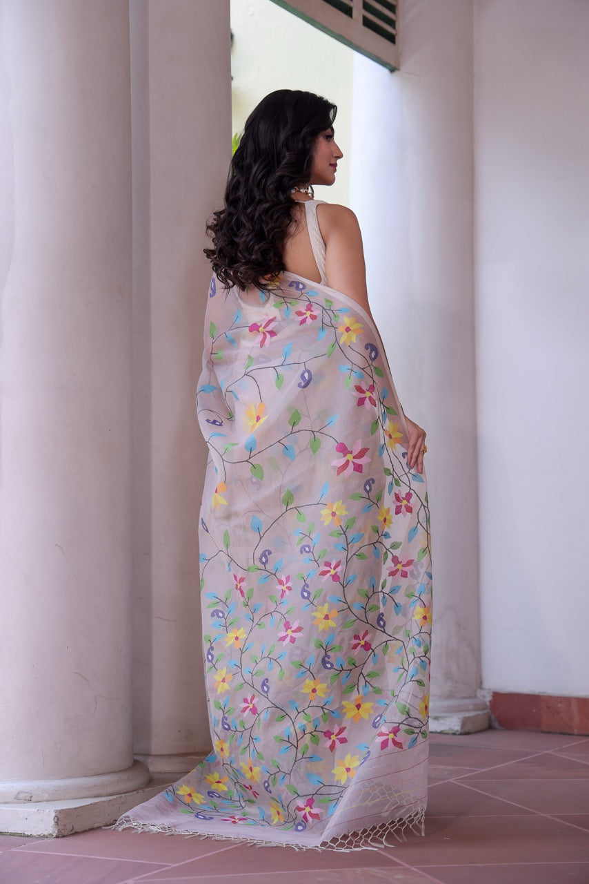 Rangbahar Vanya - Handloom Muslin Silk Saree with Jamdani weaving