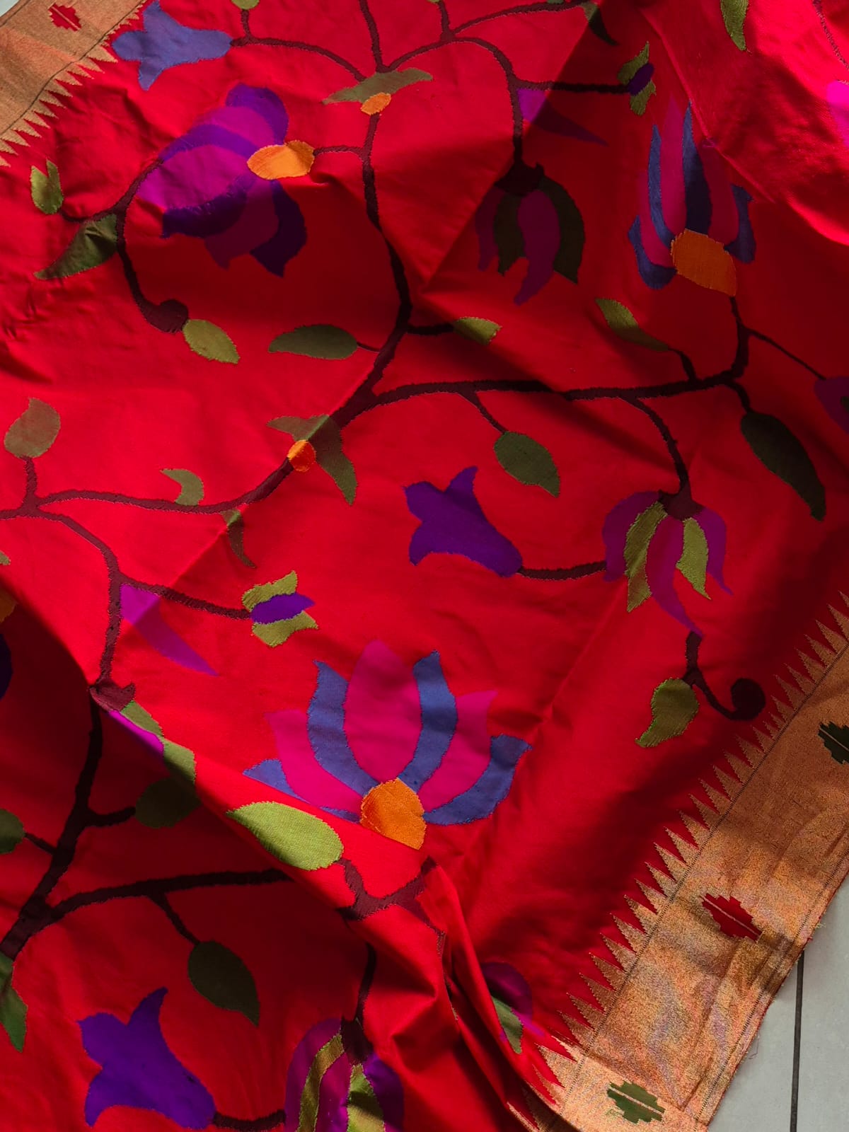 Rangpushp Handloom Pure Silk Paithani Dupatta with Tissue Border