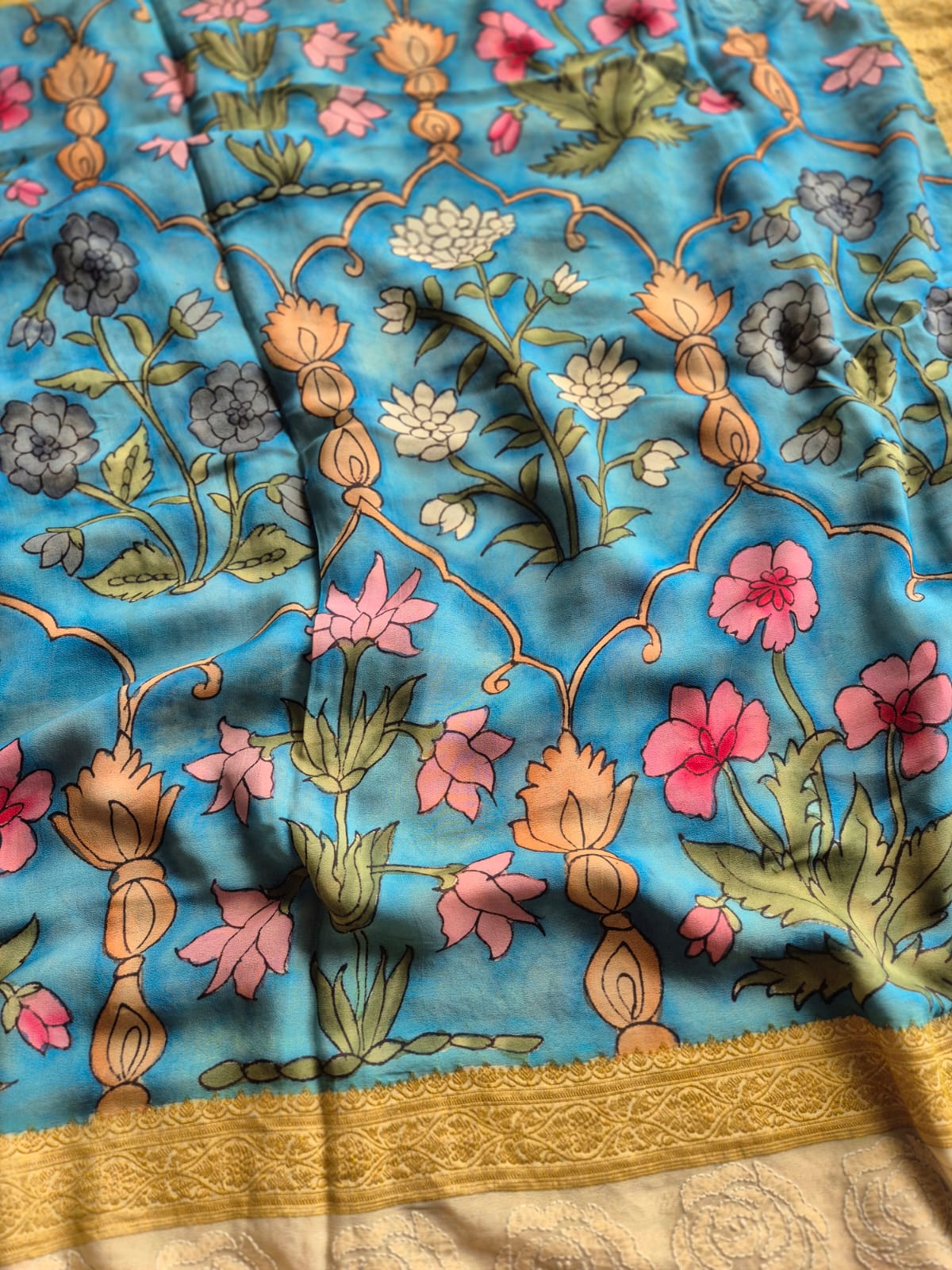 Pure Banarasi georgette Kalamkari Saree with Lucknow Hand Chikankari