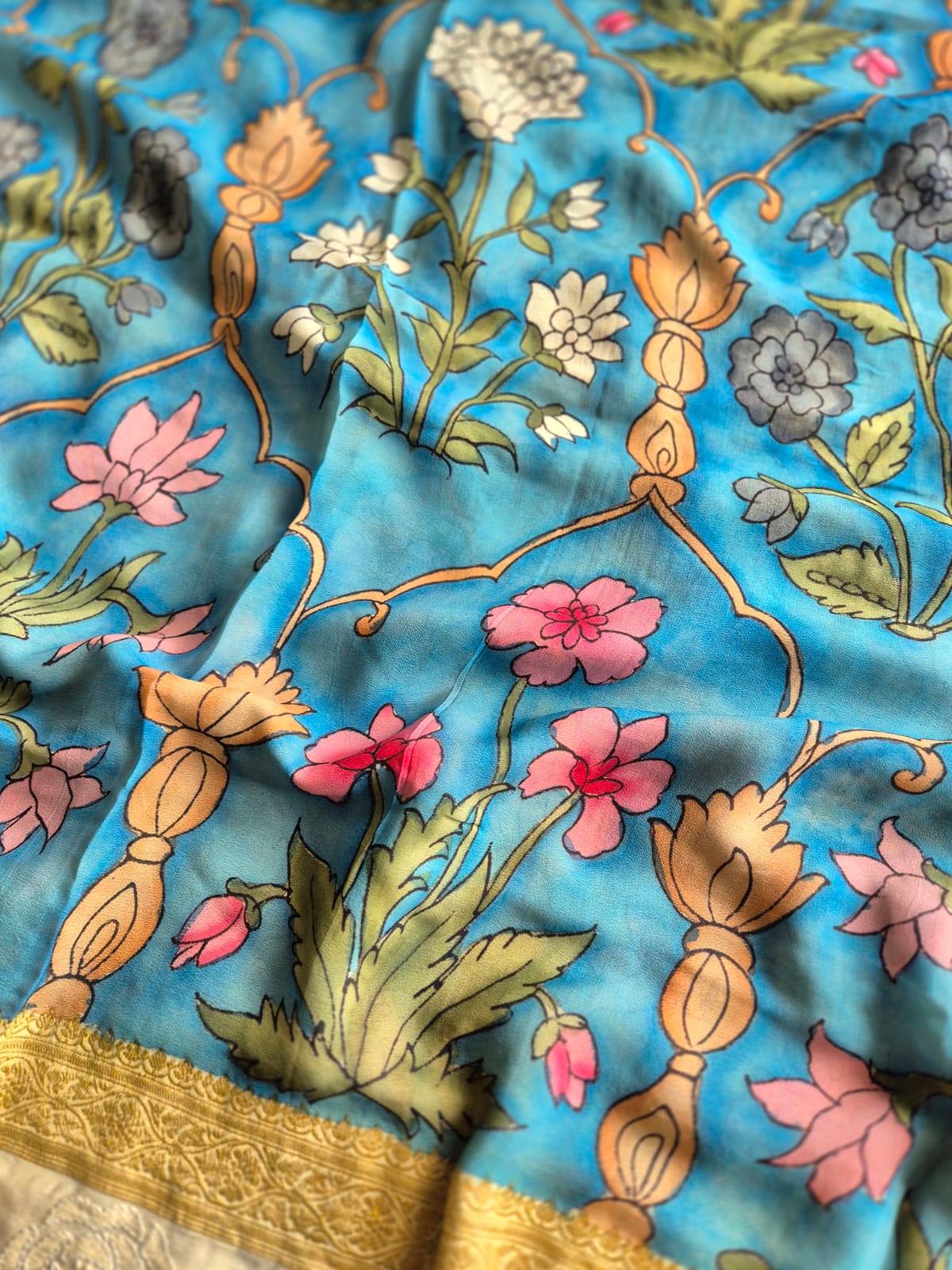 Pure Banarasi georgette Kalamkari Saree with Lucknow Hand Chikankari