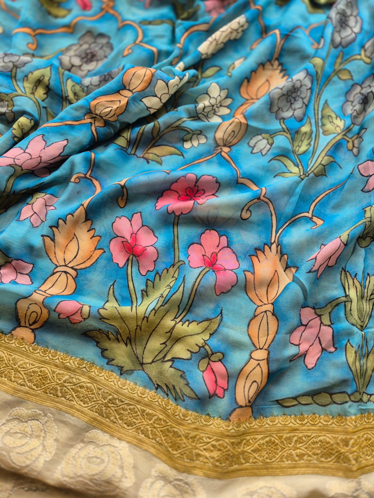 Pure Banarasi georgette Kalamkari Saree with Lucknow Hand Chikankari