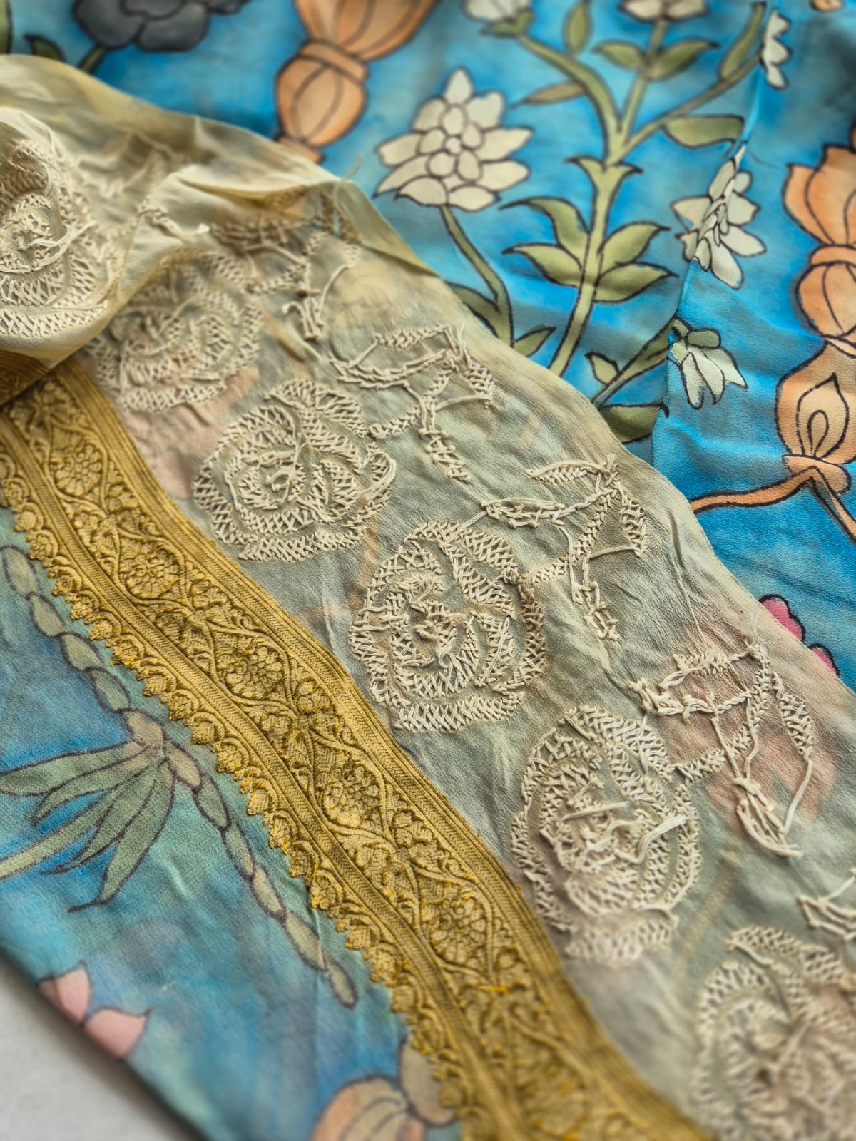 Pure Banarasi georgette Kalamkari Saree with Lucknow Hand Chikankari