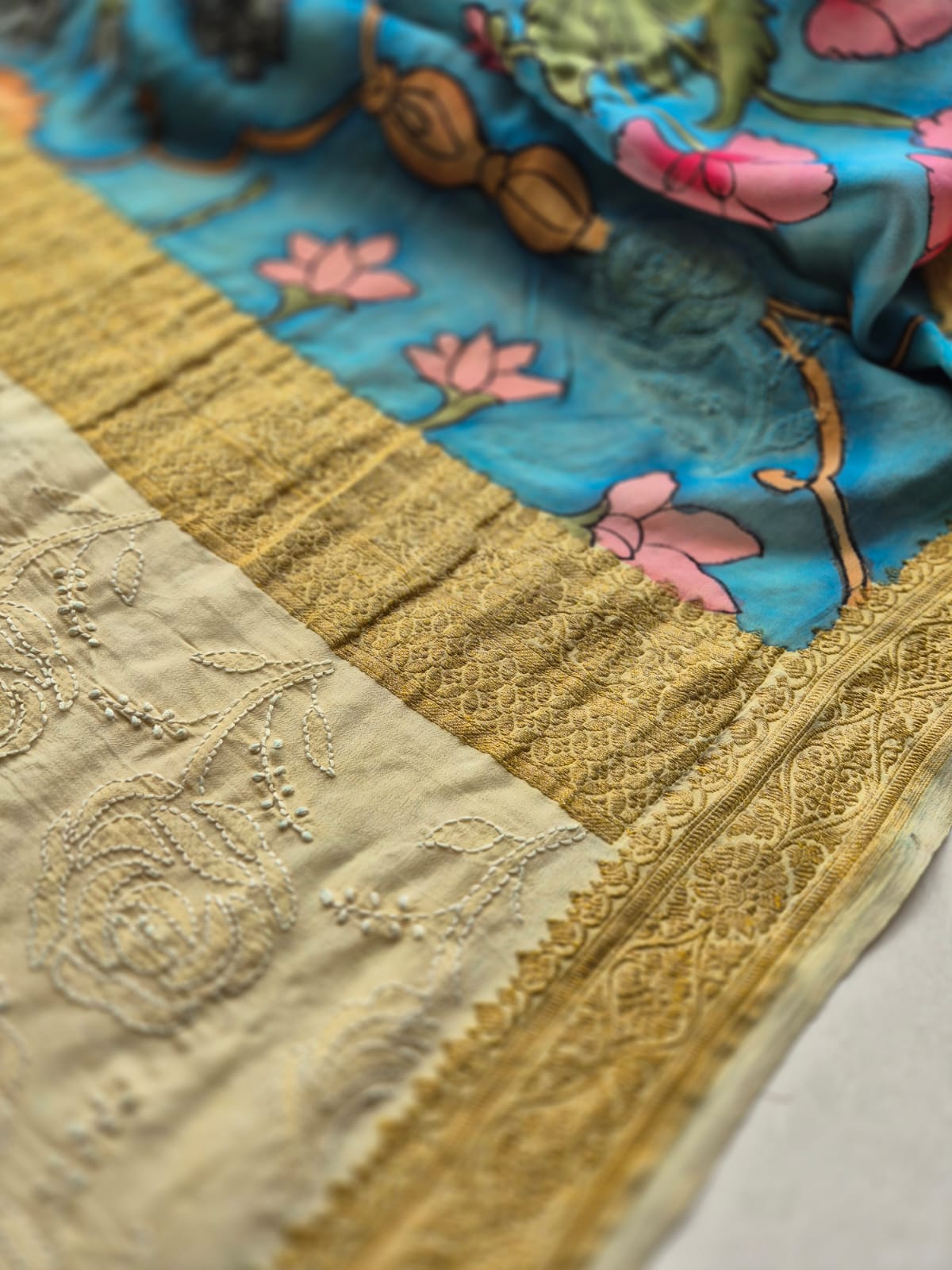Pure Banarasi georgette Kalamkari Saree with Lucknow Hand Chikankari