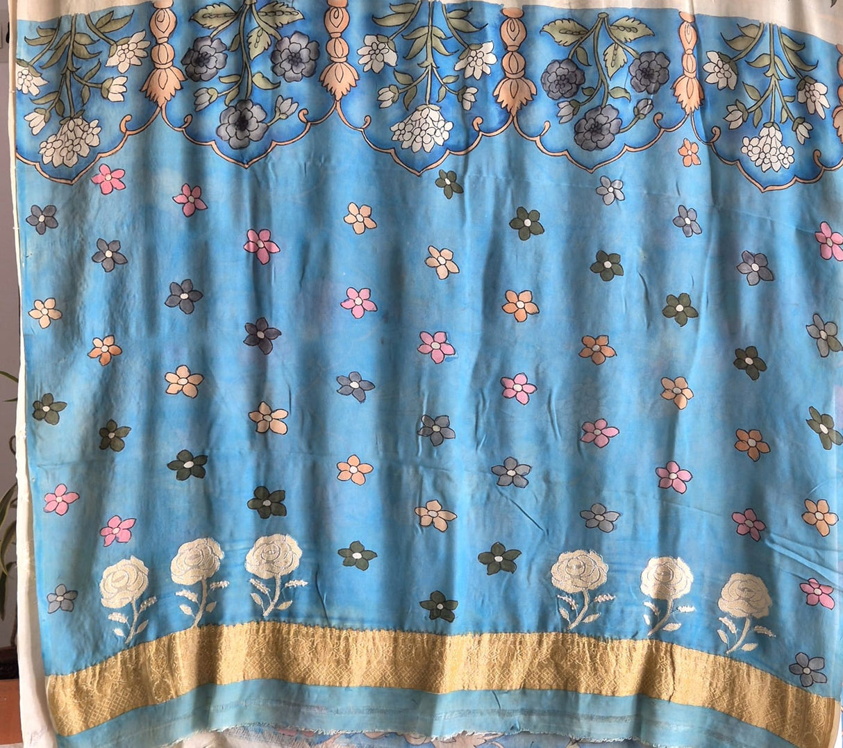 Pure Banarasi georgette Kalamkari Saree with Lucknow Hand Chikankari