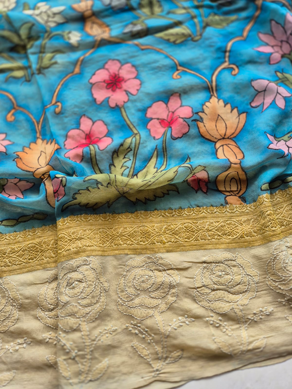 Pure Banarasi georgette Kalamkari Saree with Lucknow Hand Chikankari