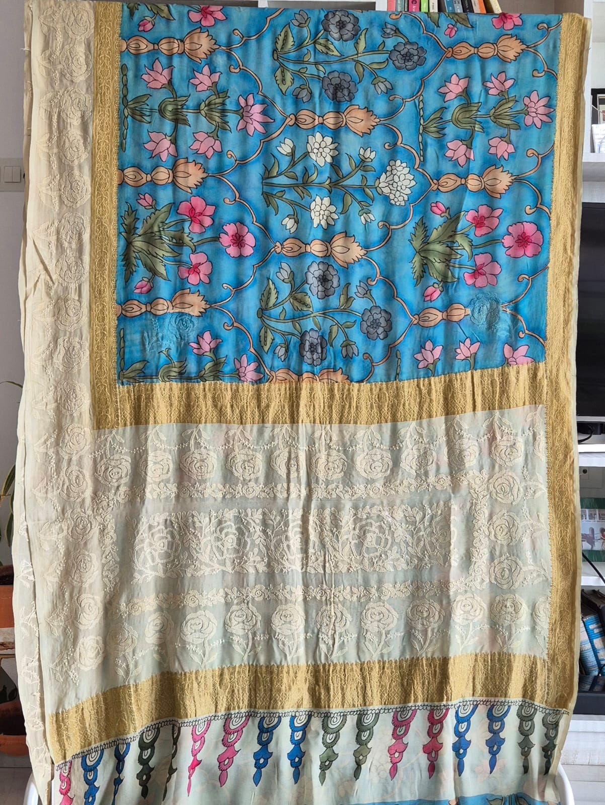 Pure Banarasi georgette Kalamkari Saree with Lucknow Hand Chikankari