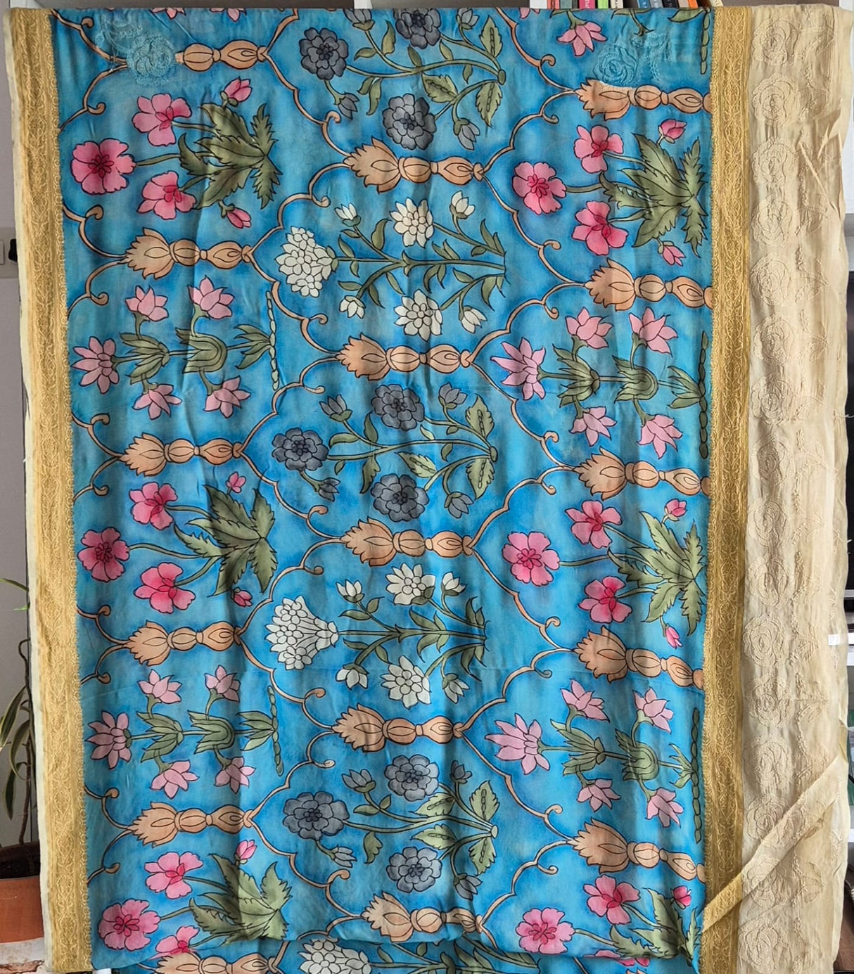 Pure Banarasi georgette Kalamkari Saree with Lucknow Hand Chikankari