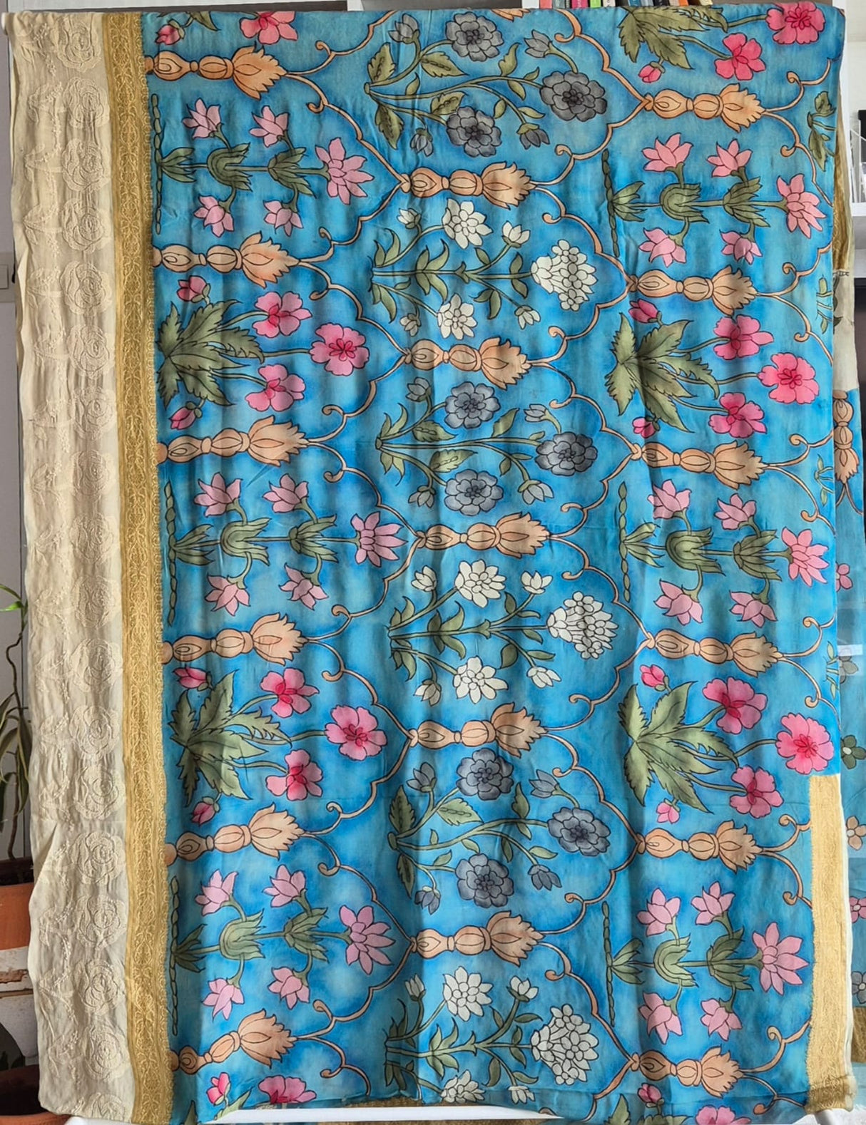 Pure Banarasi georgette Kalamkari Saree with Lucknow Hand Chikankari