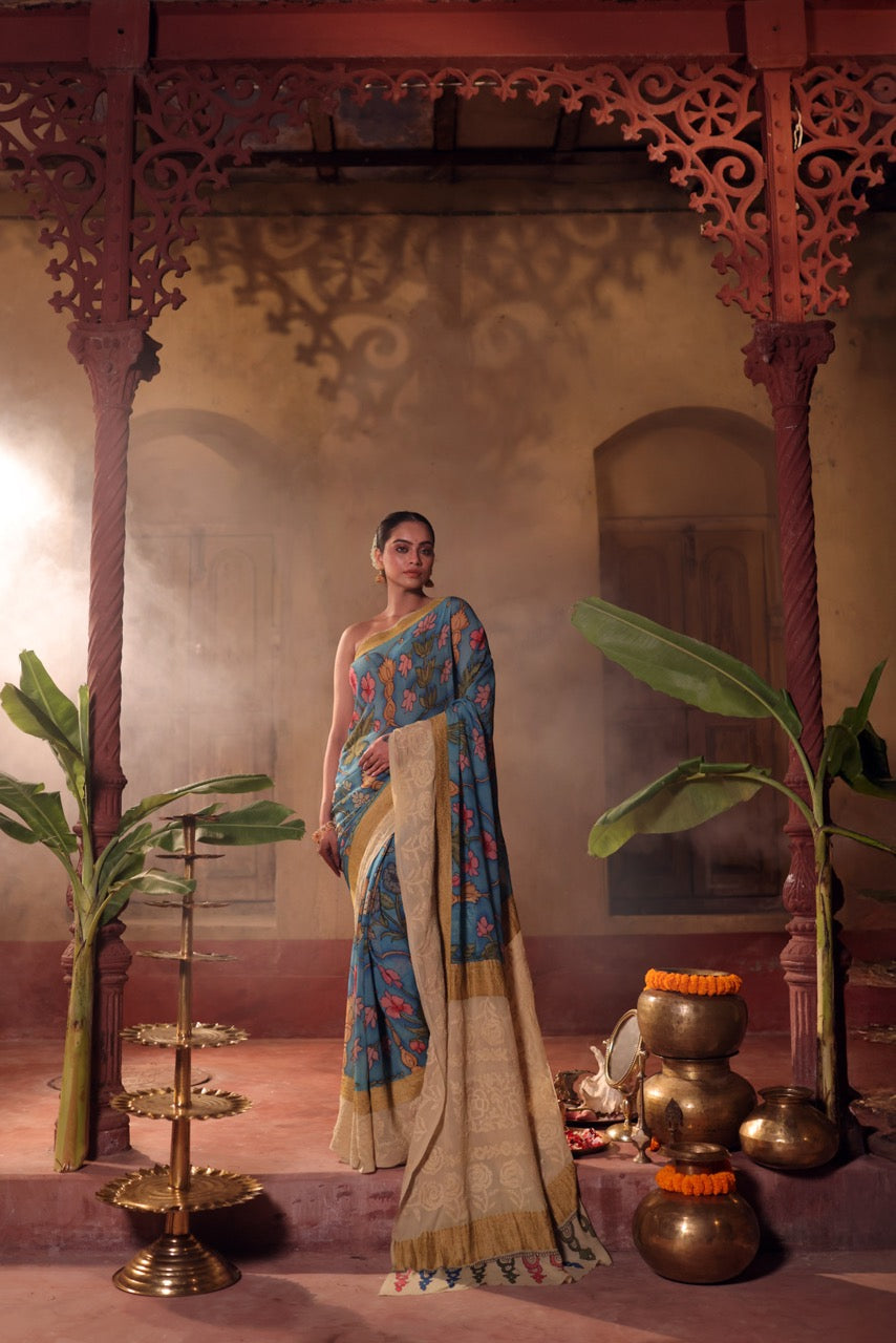 Rangrekha Sutra – Pure Banarasi georgette Kalamkari Saree with Lucknow Hand Chikankari