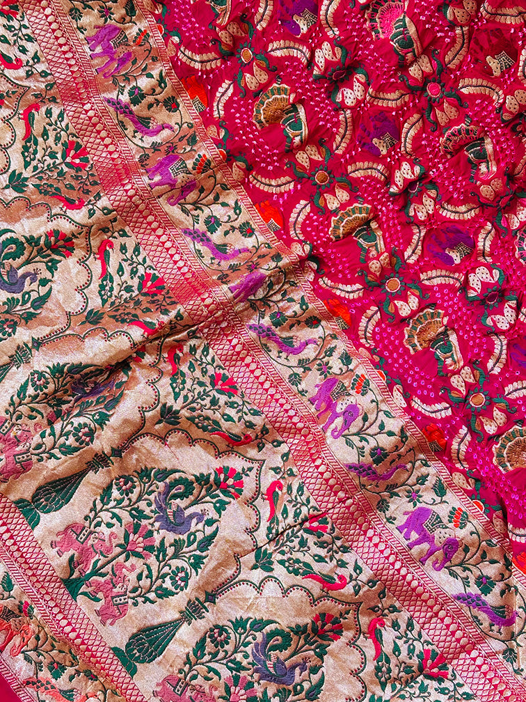 Rani Pink Banarsi Georgette Meenakari Bandhani Dupatta