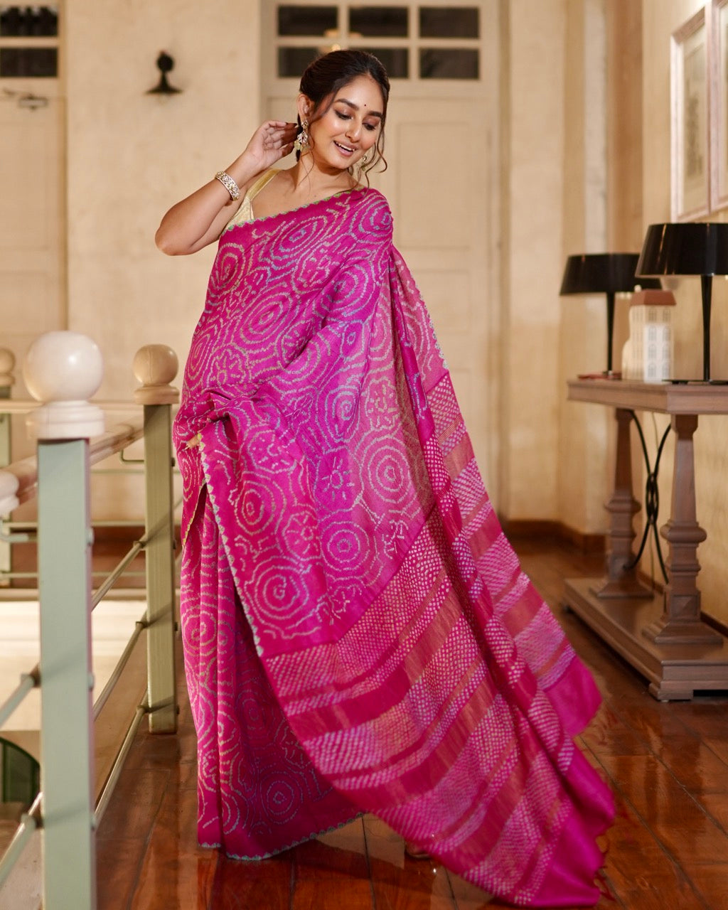 rani-pink-munga-silk-multicolour-bandhani-saree