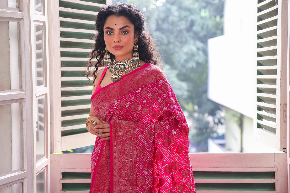 Fuchsia Pink Colour Pure Banarasi Silk Bandhani Saree