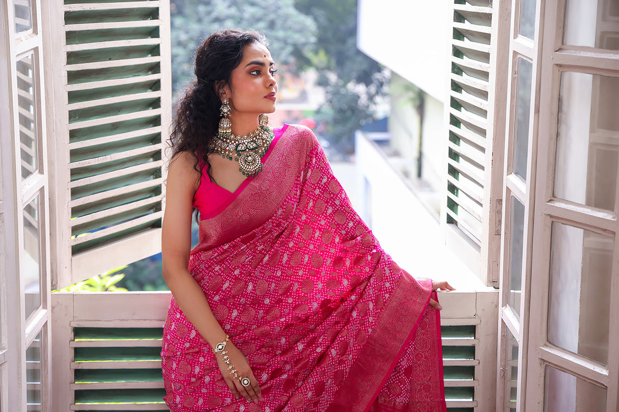 Fuchsia Pink Colour Pure Banarasi Silk Bandhani Saree