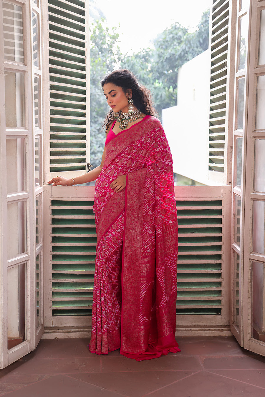Fuchsia Pink Colour Pure Banarasi Silk Bandhani Saree