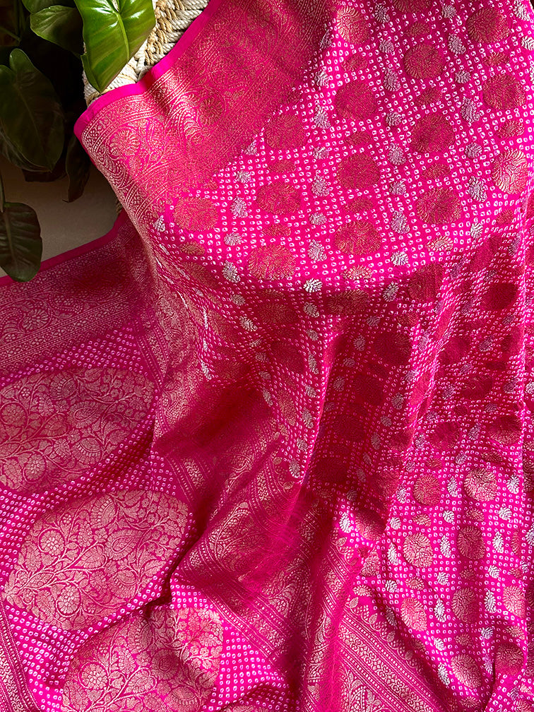 Fuchsia Pink Colour Pure Banarasi Silk Bandhani Saree