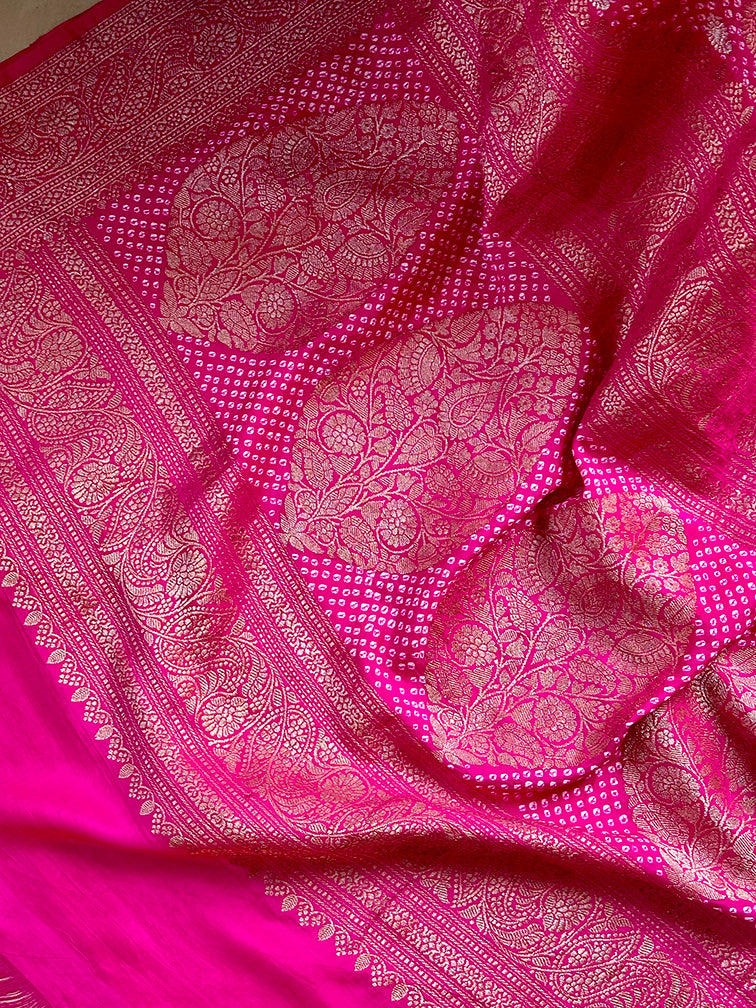 Fuchsia Pink Colour Pure Banarasi Silk Bandhani Saree