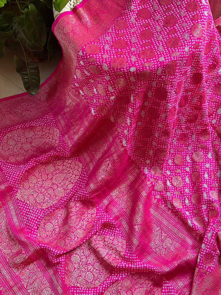 Fuchsia Pink Colour Pure Banarasi Silk Bandhani Saree
