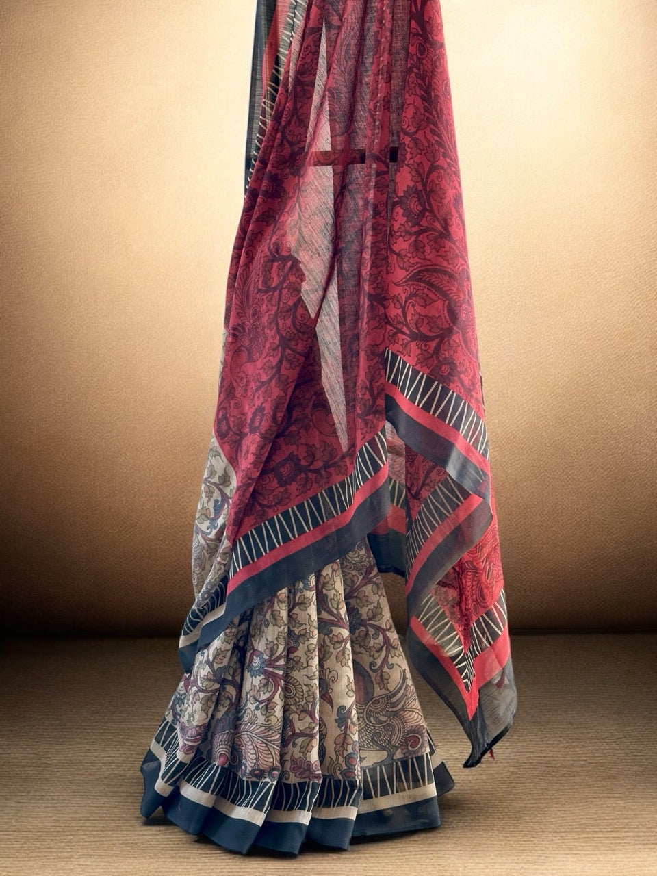 red-beige-half-and-half-linen-cotton-kalamkari-saree-front-view