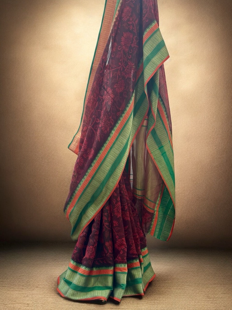 red-black-kota-cotton-kalamkari-saree-full-drape-view