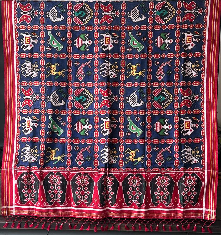 Nine Figure Red and Blue Pure Silk Double Ikat/Patan Patola Dupatta