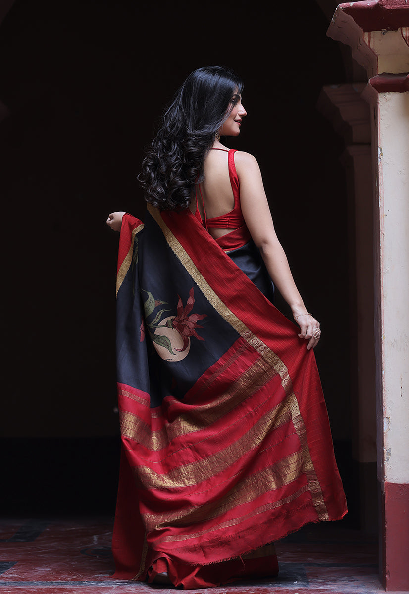 red-border-floral-kanjivaram-kalamkari-saree-back-view