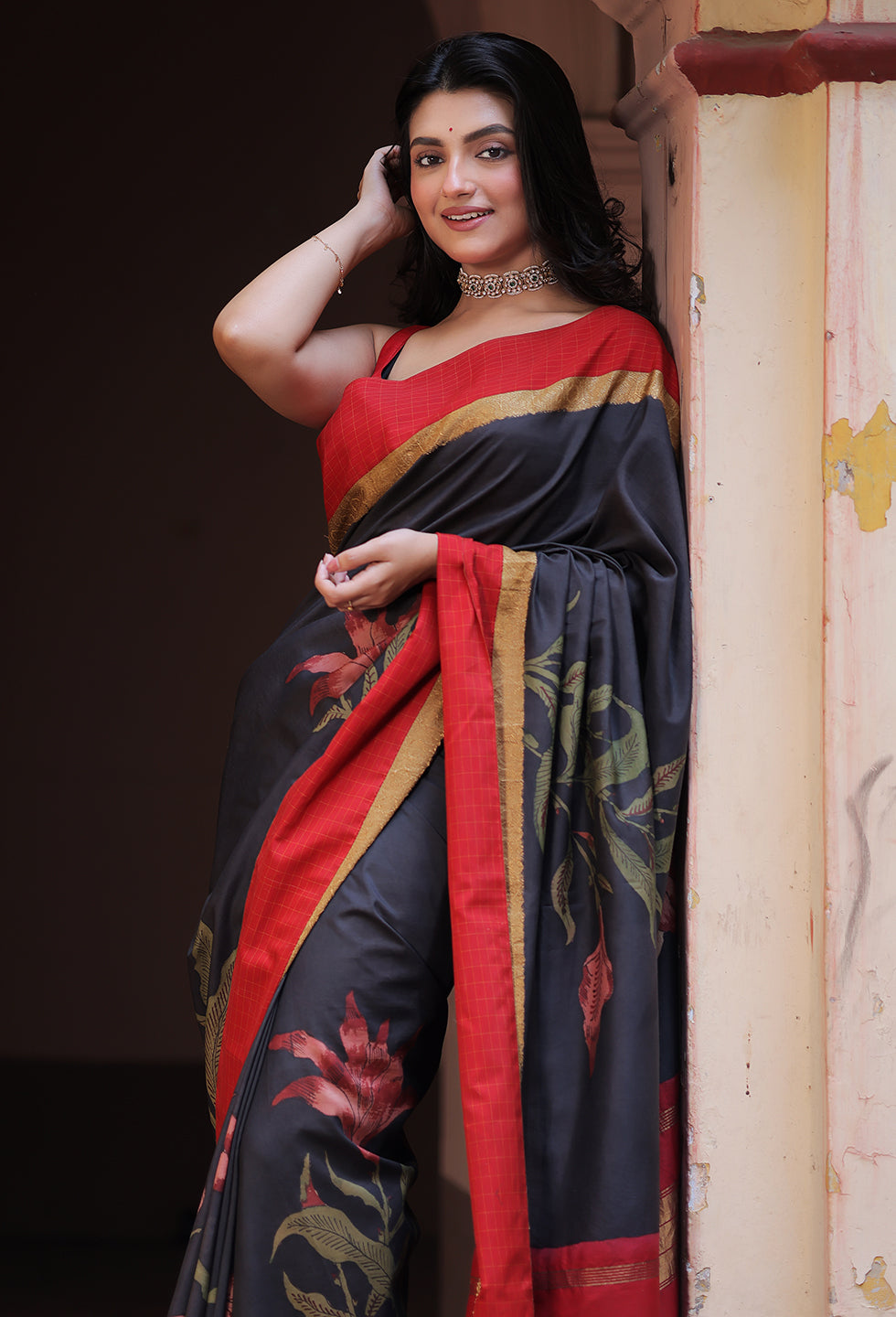 red-border-floral-kanjivaram-kalamkari-saree-front-view