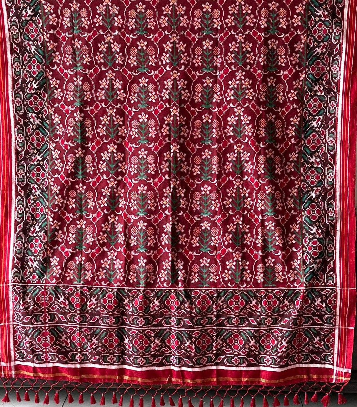 Red Floral Theme Pure Silk Double Ikat/Patan Patola Dupatta