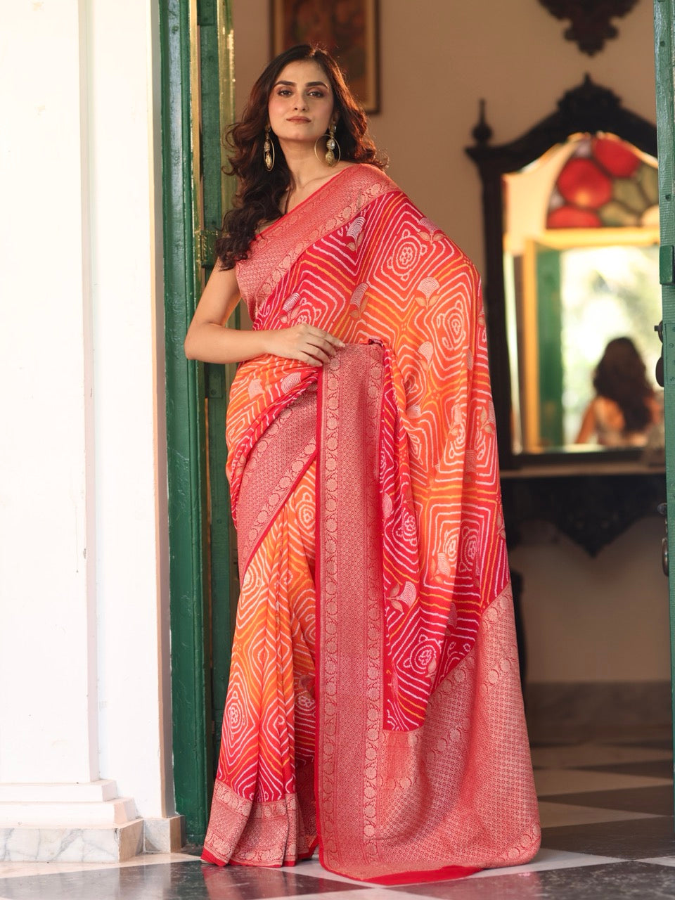 red-orange-banarasi-georgette-rai-bandhani-saree