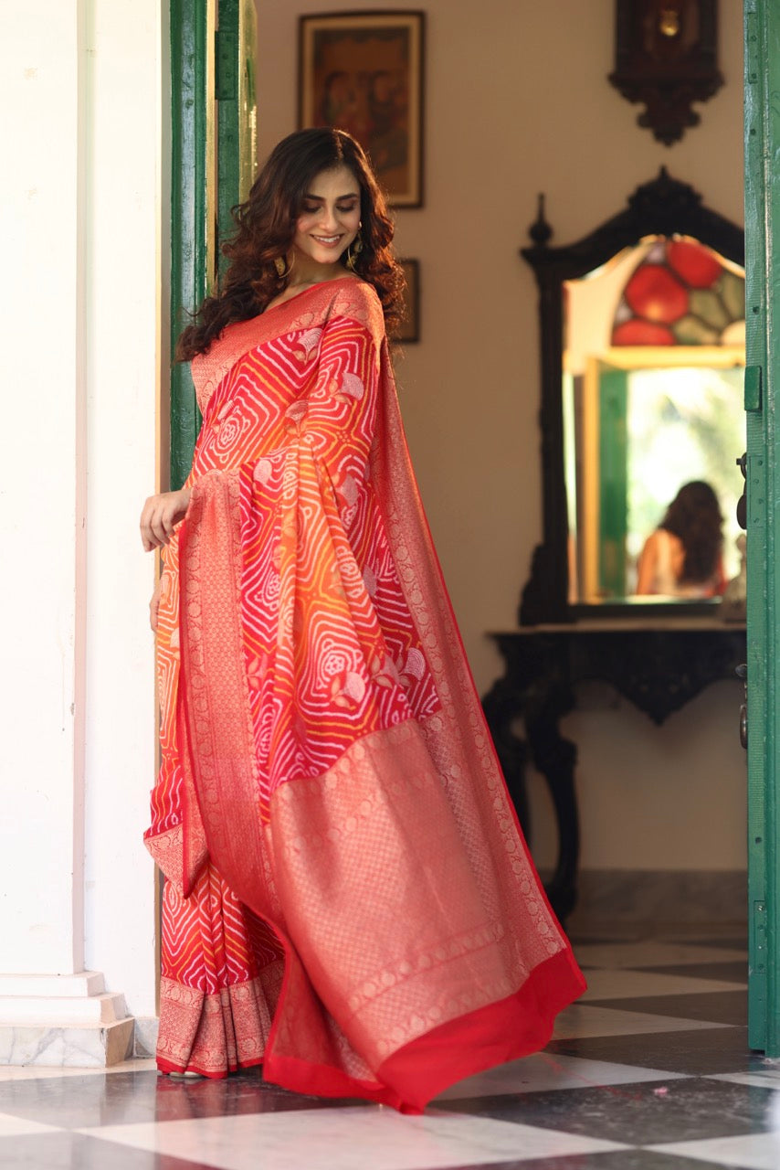 red-orange-banarasi-georgette-rai-bandhani-saree