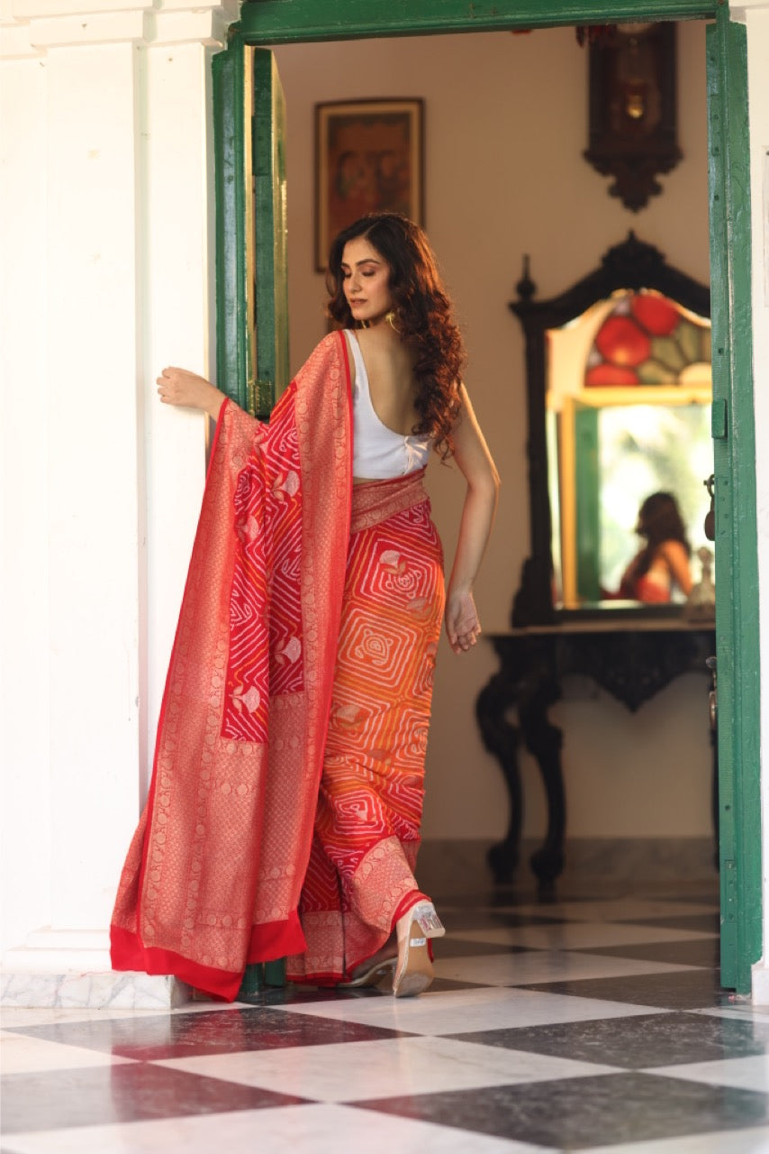 red-orange-banarasi-georgette-rai-bandhani-saree