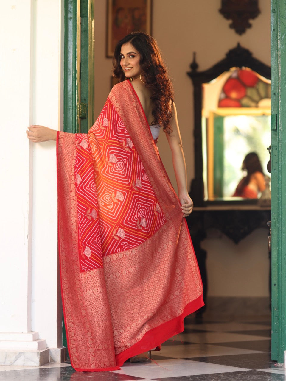 red-orange-banarasi-georgette-rai-bandhani-saree