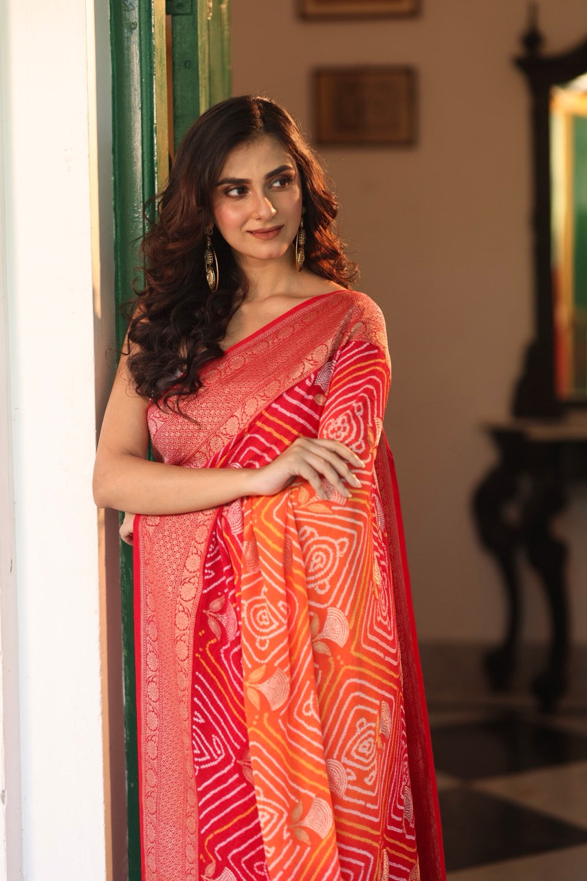 red-orange-banarasi-georgette-rai-bandhani-saree