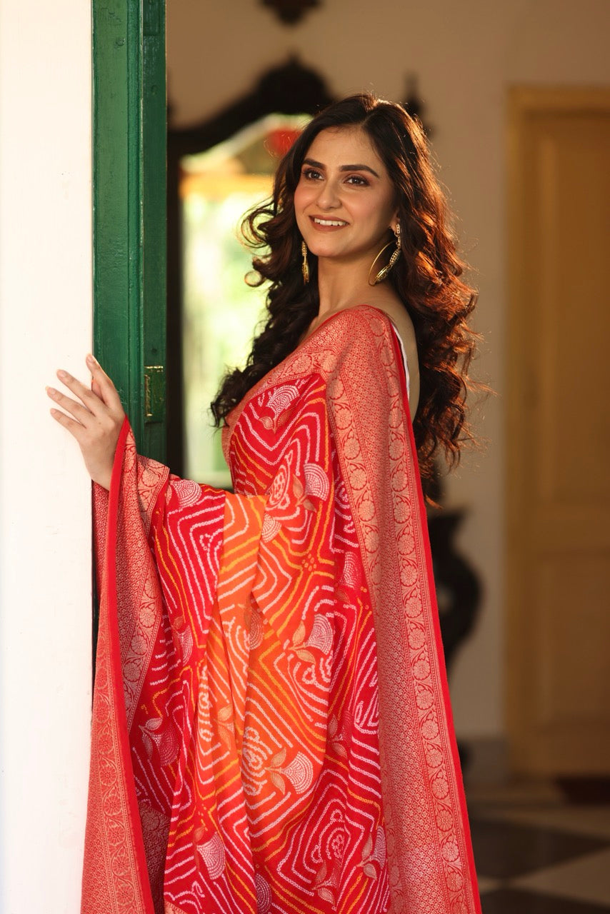 red-orange-banarasi-georgette-rai-bandhani-saree