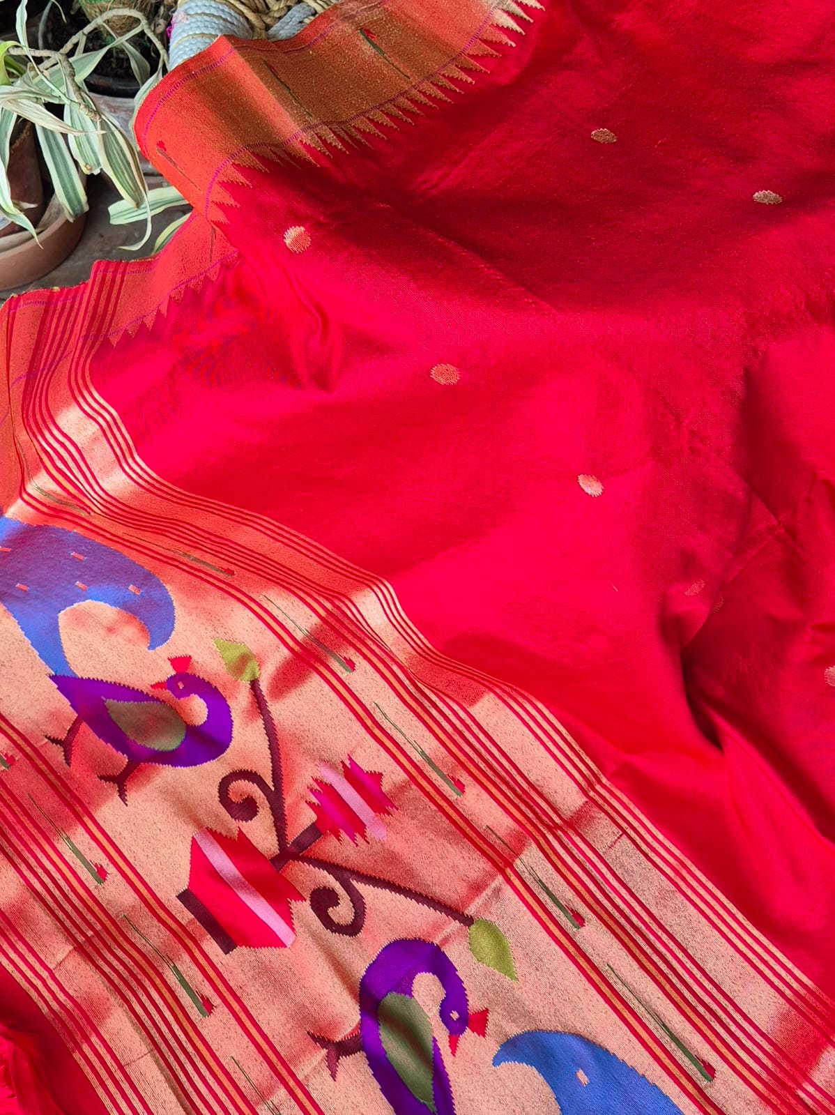 Red Handloom Silk Paithani Dupatta with Single Muniya Border