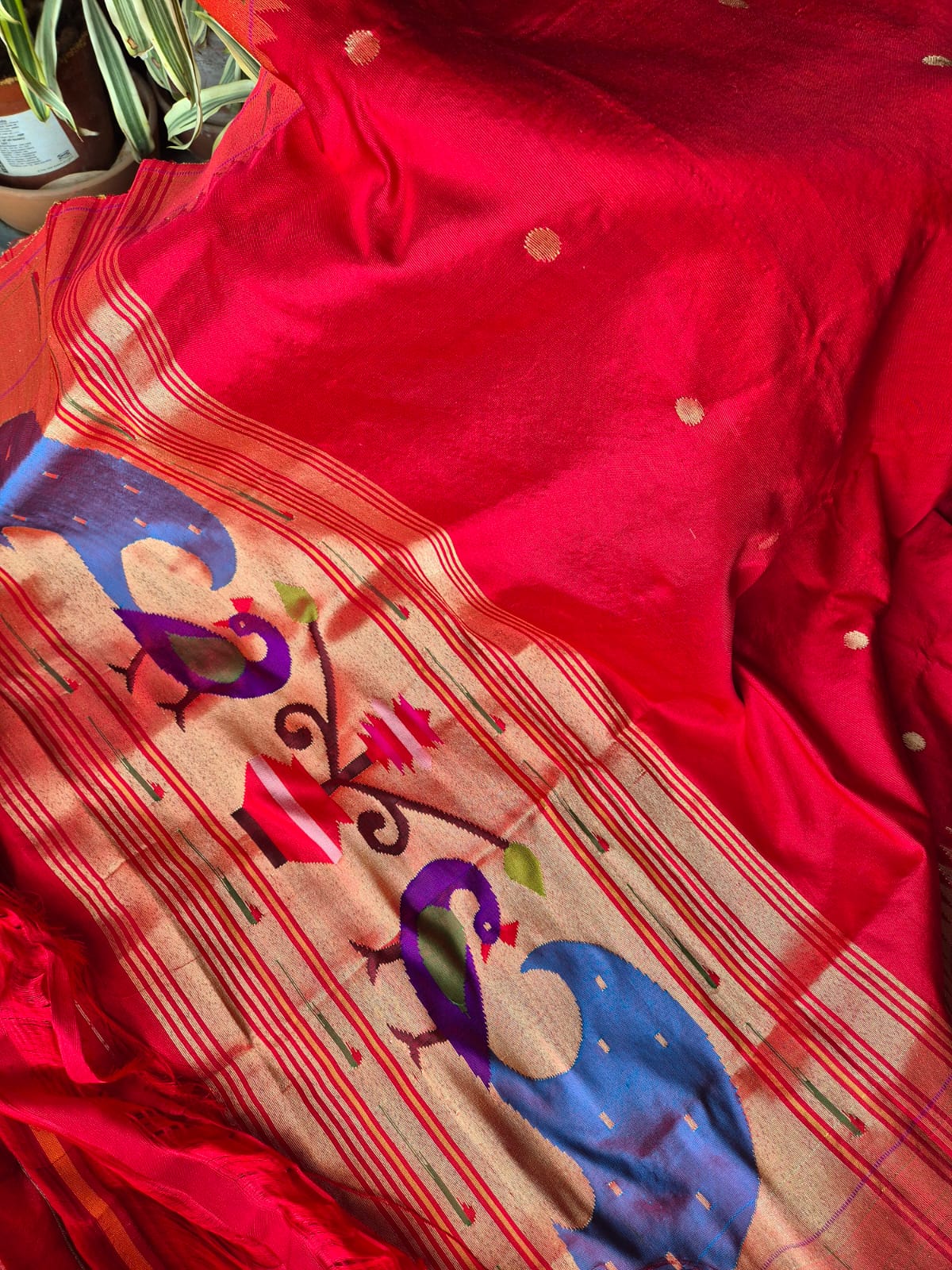 Red Handloom Silk Paithani Dupatta with Single Muniya Border