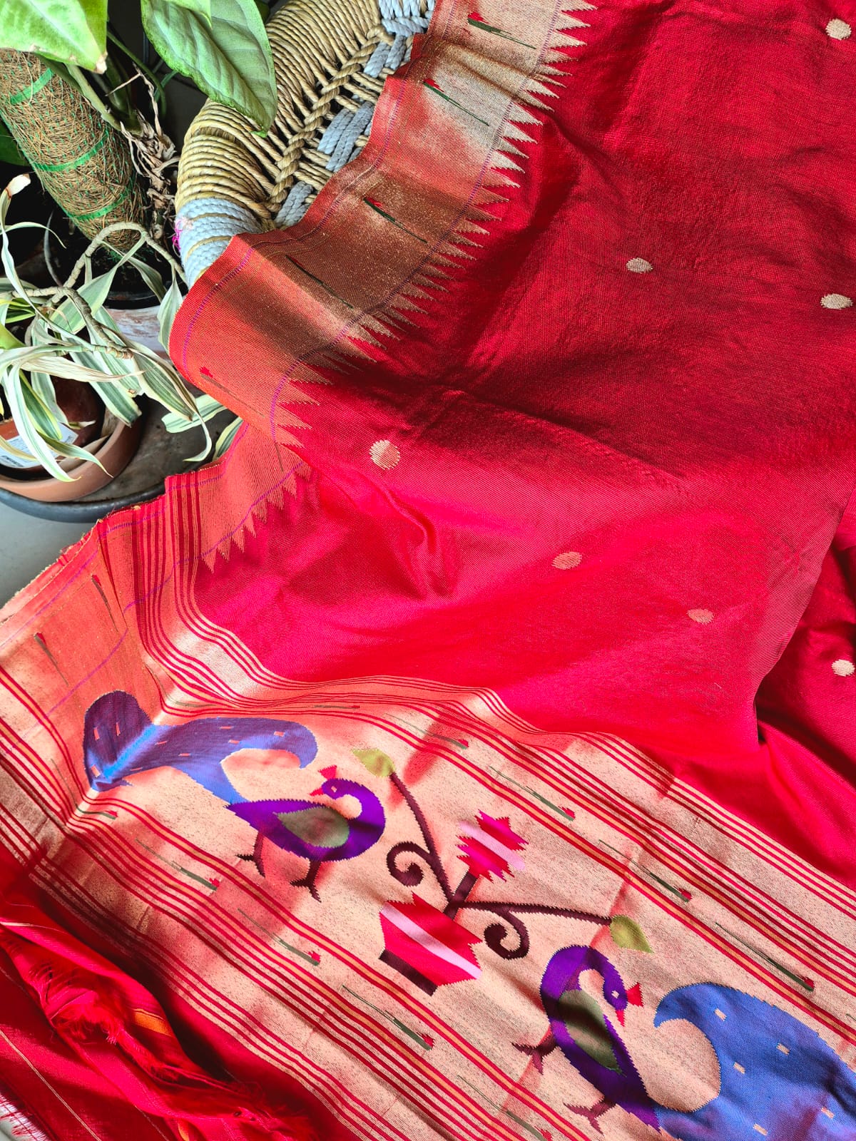 Red Handloom Silk Paithani Dupatta with Single Muniya Border