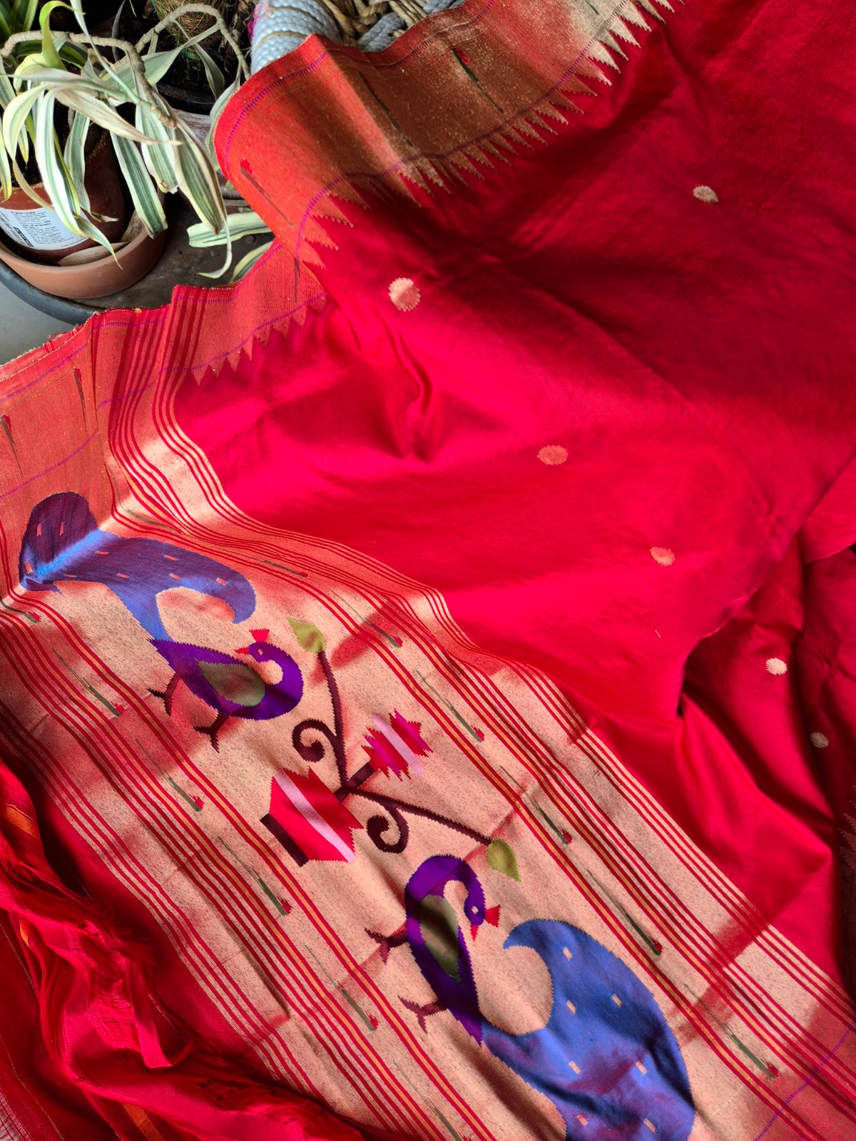 Red Handloom Silk Paithani Dupatta with Single Muniya Border