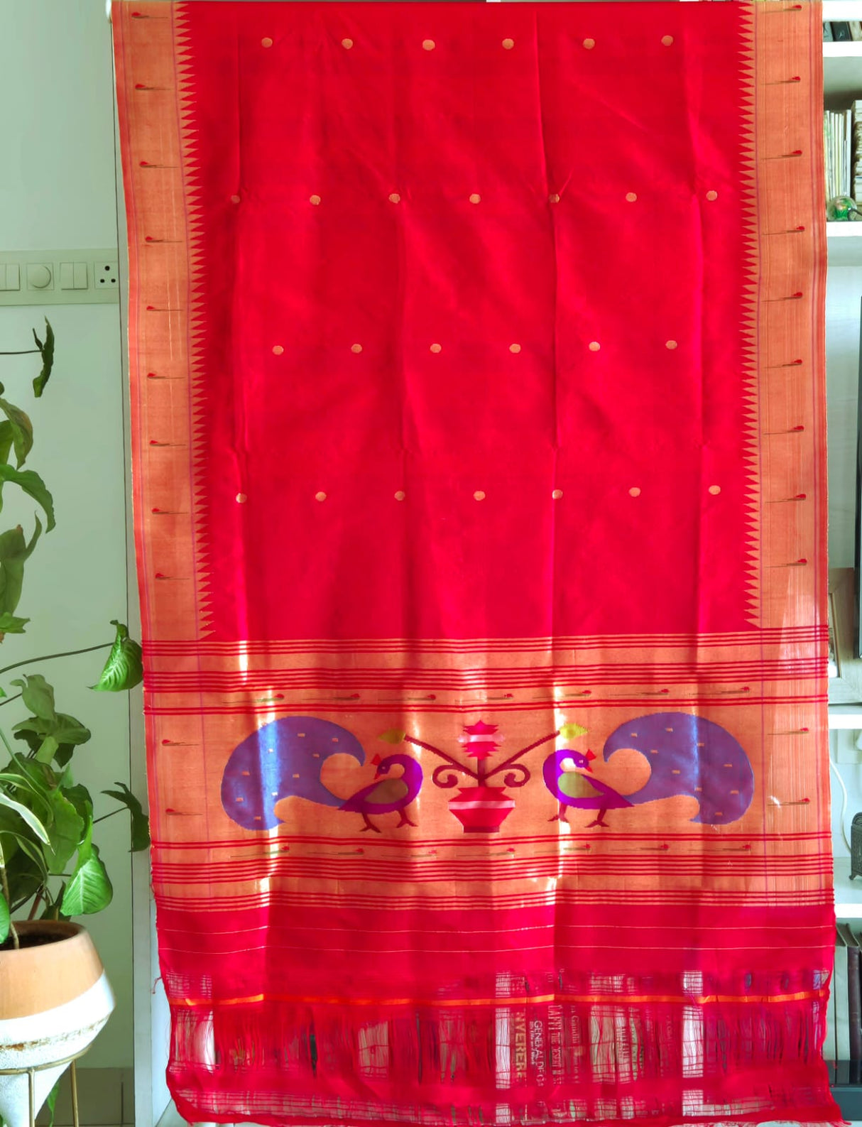 Red Handloom Silk Paithani Dupatta with Single Muniya Border