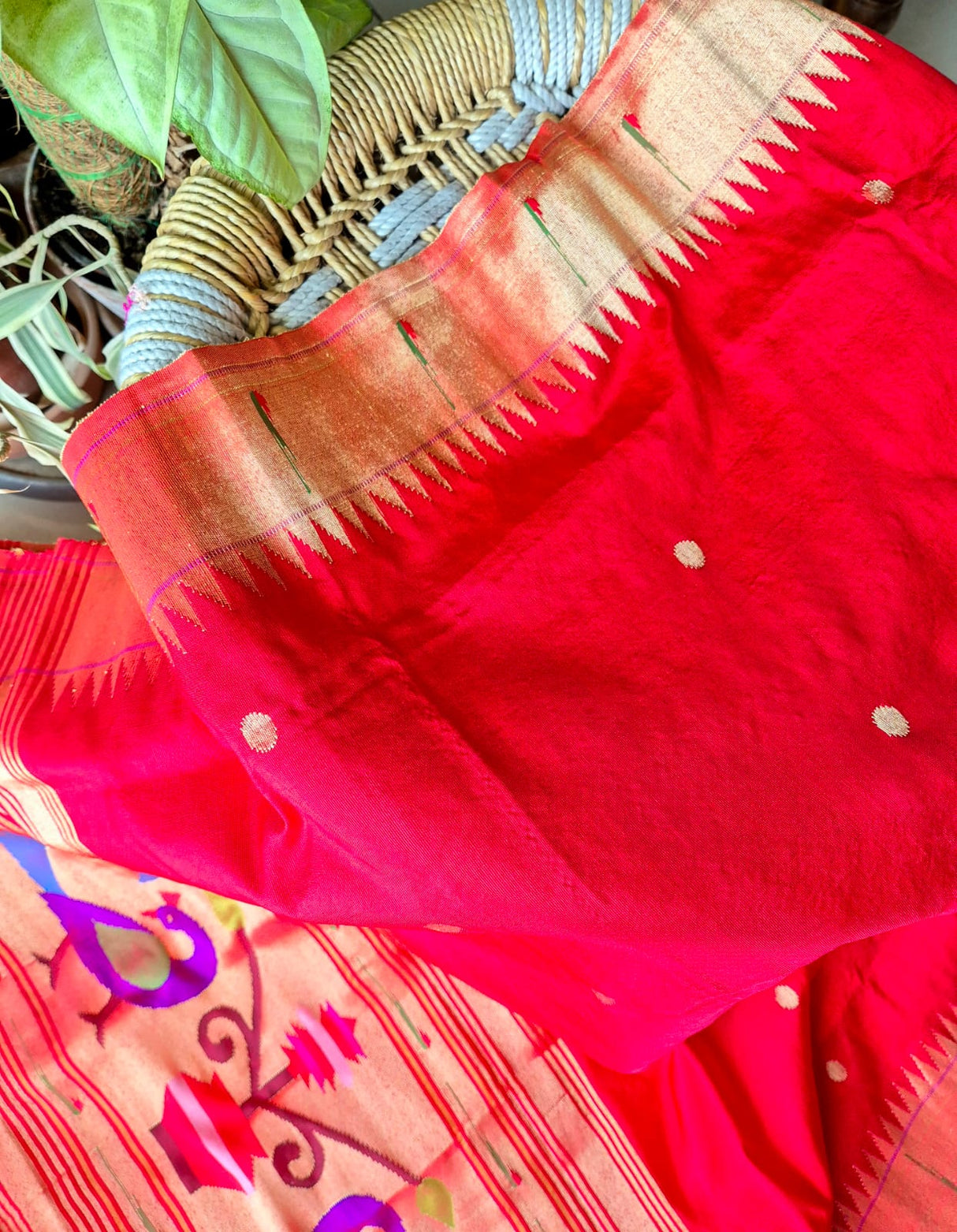 Red Handloom Silk Paithani Dupatta with Single Muniya Border