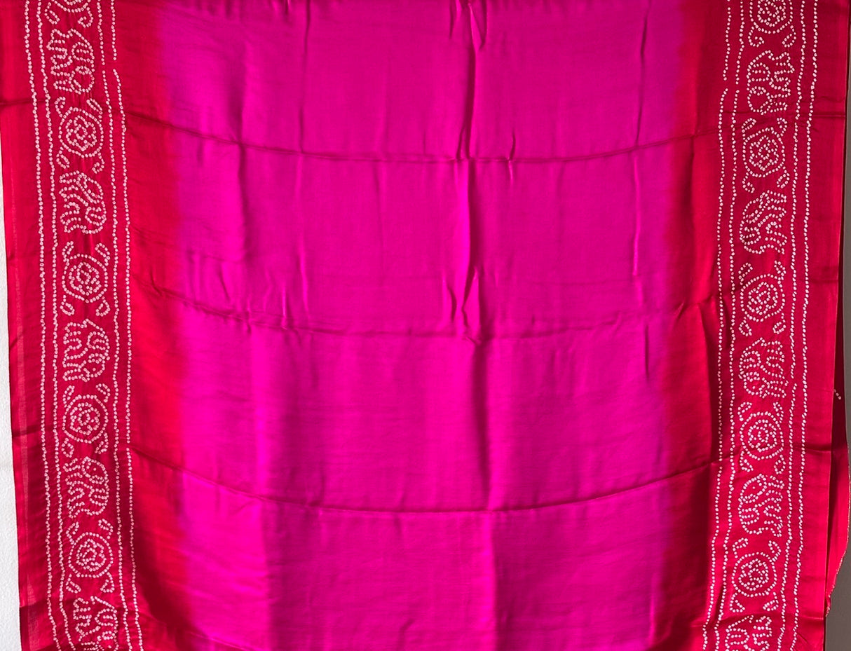 Rani Pink and Red Circle Theme Pure Gajji Silk Bandhani Saree