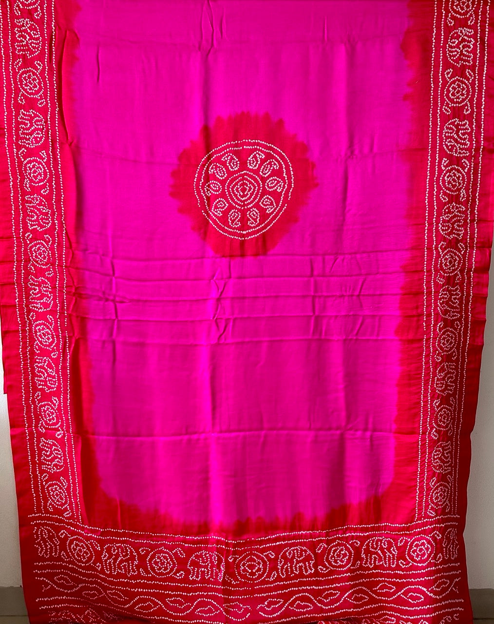 Rani Pink and Red Circle Theme Pure Gajji Silk Bandhani Saree