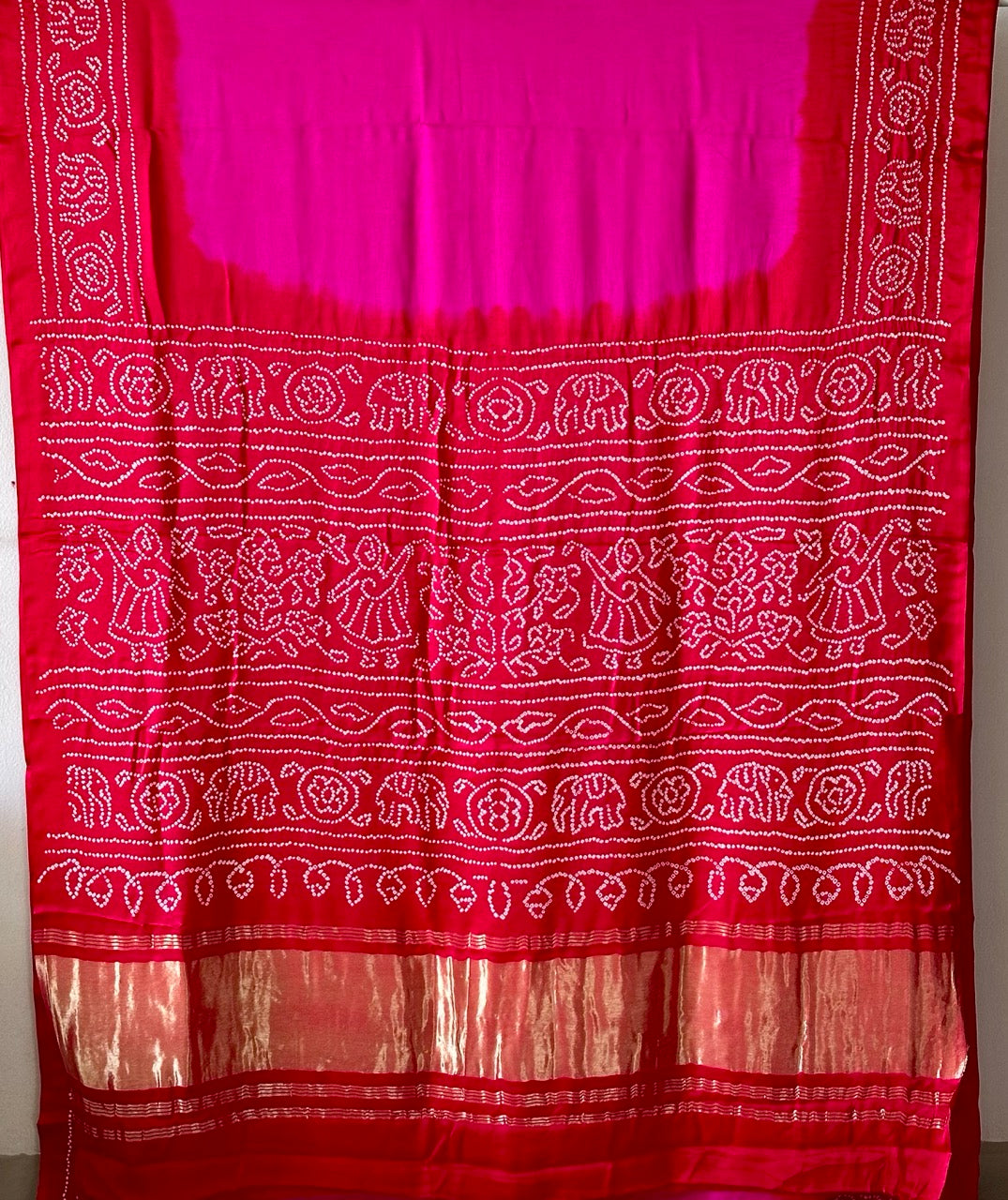 Rani Pink and Red Circle Theme Pure Gajji Silk Bandhani Saree