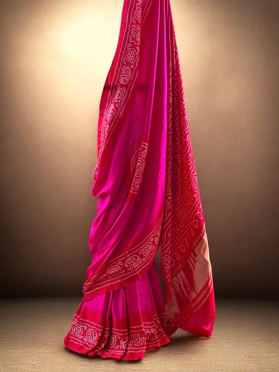 Rani Pink and Red Circle Theme Pure Gajji Silk Bandhani Saree